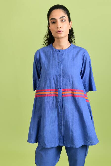 Rias Jaipur_Purple Handloom , Round Neck Simply Handwoven Long Top With Pant _at_Aza_Fashions