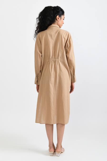 Shop_Rias Jaipur_Beige Handloom Cotton Collared Sunburst Handwoven Dress _at_Aza_Fashions