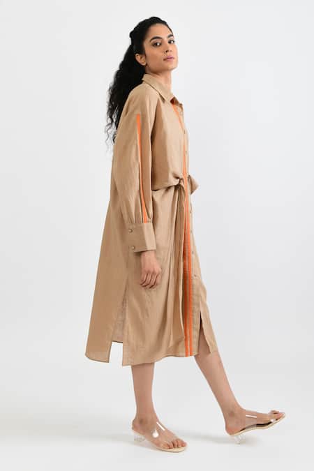 Shop_Rias Jaipur_Beige Handloom Cotton Collared Sunburst Handwoven Dress _Online_at_Aza_Fashions