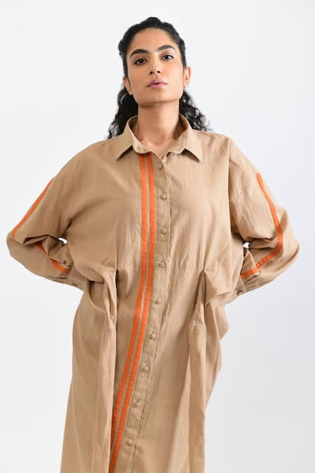 Rias Jaipur_Beige Handloom Cotton Collared Sunburst Handwoven Dress _at_Aza_Fashions