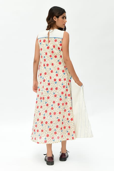 Shop_Rias Jaipur_Off White Cotton Embroidery V-neck Dot Print Dress _at_Aza_Fashions