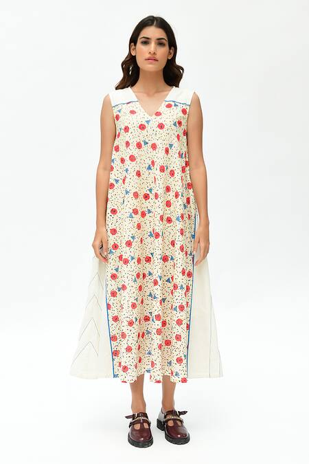 Rias Jaipur Off White Cotton Embroidery V-neck Dot Print Dress Online at Aza Fashions Rias Jaipur_Off White Cotton Embroidery V-neck Dot Print Dress _Online_at_Aza_Fashions