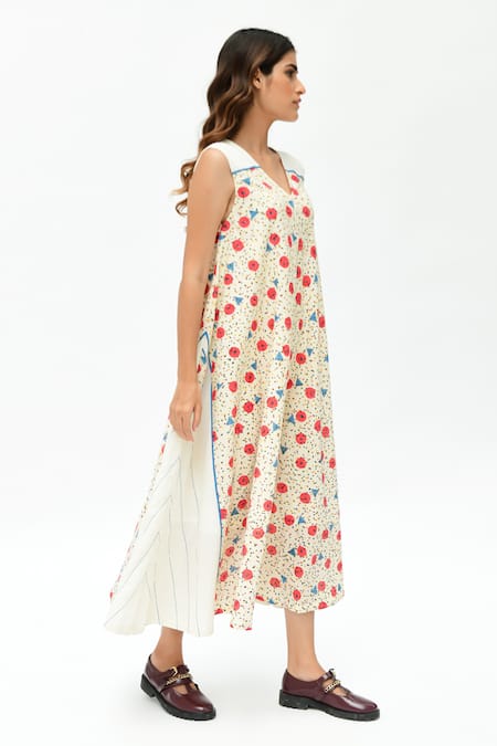 Shop Rias Jaipur Off White Cotton Embroidery V-neck Dot Print Dress Online at Aza Fashions Shop_Rias Jaipur_Off White Cotton Embroidery V-neck Dot Print Dress _Online_at_Aza_Fashions