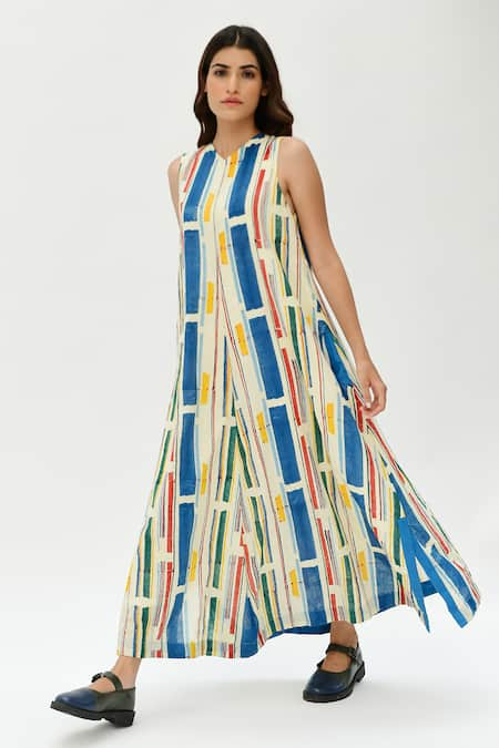 Rias Jaipur Multi Color Organic Cotton Printed Stripes V-neck Dress 