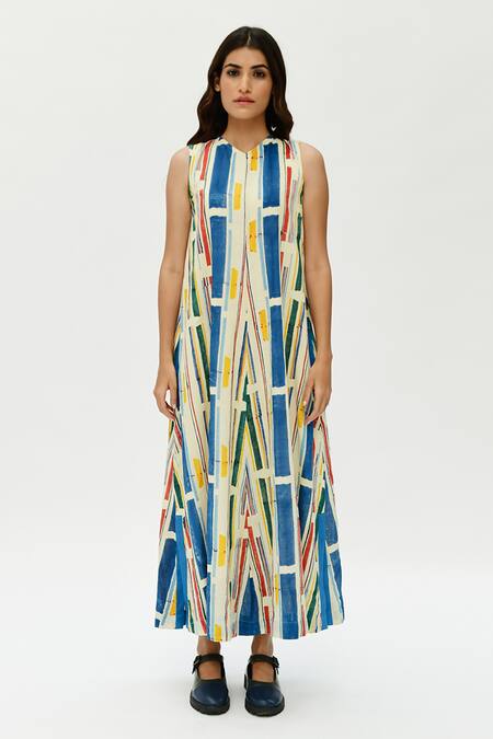 Rias Jaipur_Multi Color Cotton V-neck Stripe Print Dress_Online_at_Aza_Fashions