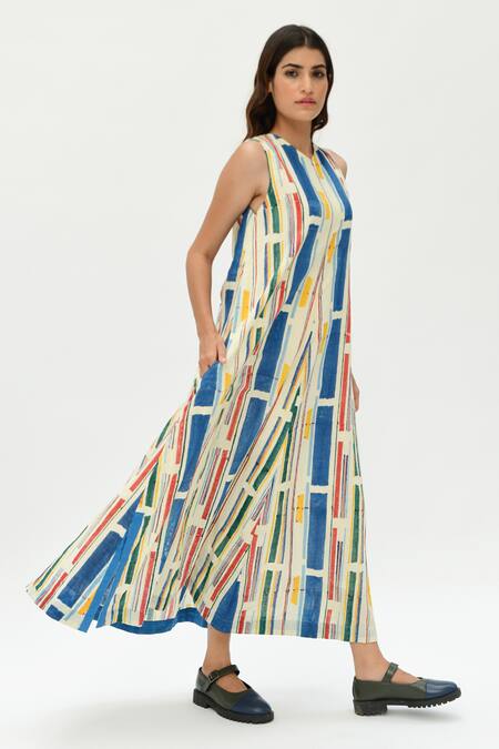 Buy_Rias Jaipur_Multi Color Cotton V-neck Stripe Print Dress_Online_at_Aza_Fashions