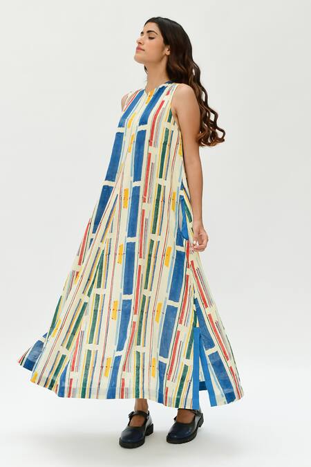 Shop_Rias Jaipur_Multi Color Cotton V-neck Stripe Print Dress_Online_at_Aza_Fashions