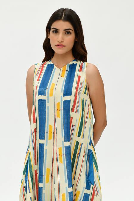 Rias Jaipur_Multi Color Cotton V-neck Stripe Print Dress_at_Aza_Fashions