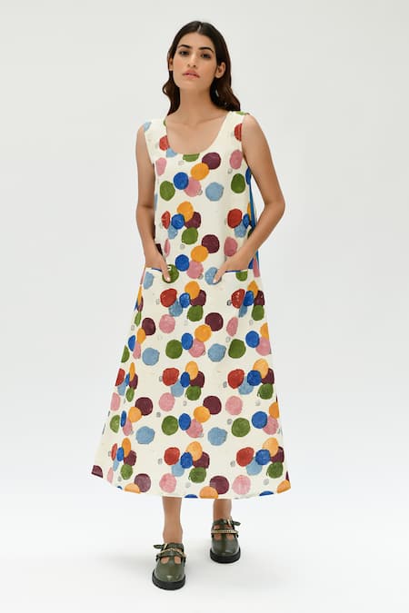 Rias Jaipur Off White Organic Cotton Printed Polka Dot V-neck Dress 