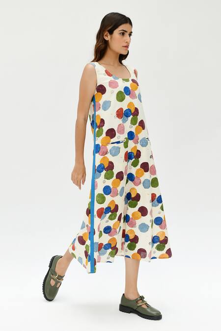 Rias Jaipur_Off White Cotton V-neck Polka Dot Print Dress _Online_at_Aza_Fashions