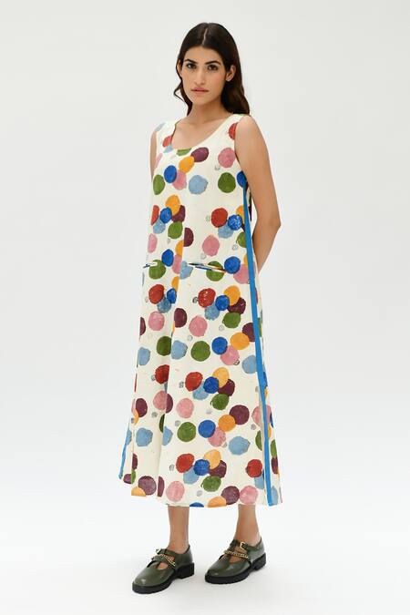 Buy_Rias Jaipur_Off White Cotton V-neck Polka Dot Print Dress _Online_at_Aza_Fashions