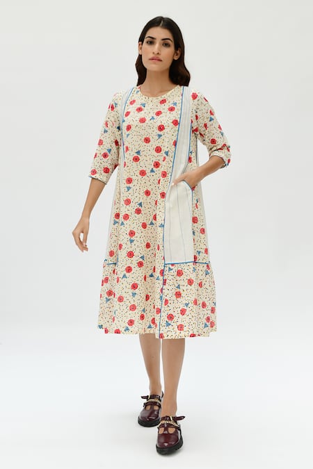 Rias Jaipur Off White Organic Cotton Printed Dot Round Threadwork Dress 