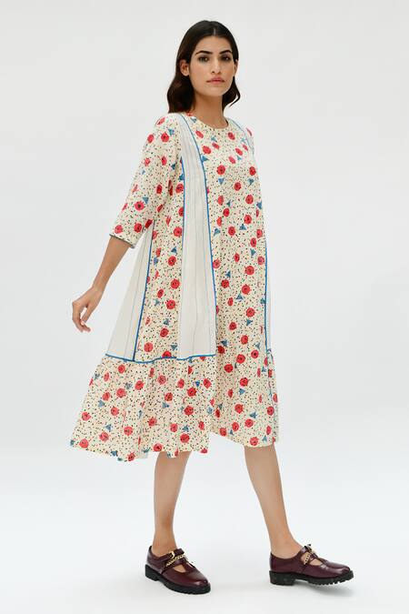 Rias Jaipur_Off White Cotton Embroidery Round Neck Dot Print Threadwork Dress _Online_at_Aza_Fashions
