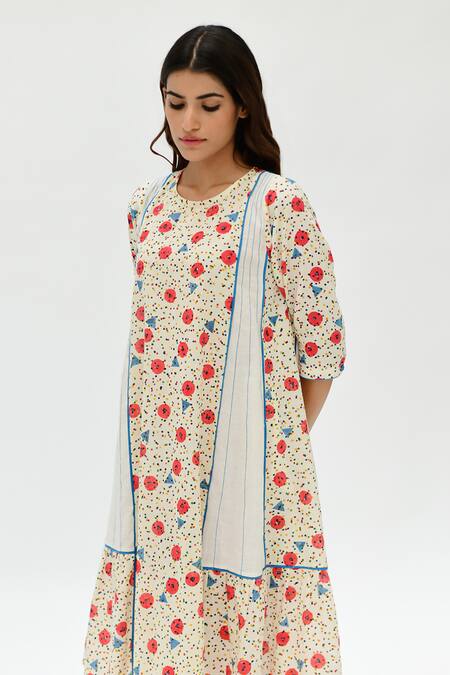 Rias Jaipur_Off White Cotton Embroidery Round Neck Dot Print Threadwork Dress _at_Aza_Fashions