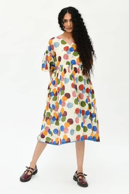 Rias Jaipur Off White Organic Cotton Printed Polka Dot V-neck Dress 