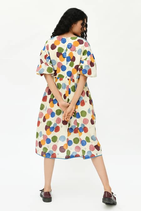 Shop_Rias Jaipur_Off White Cotton V-neck Polka Dot Organic Dress _at_Aza_Fashions