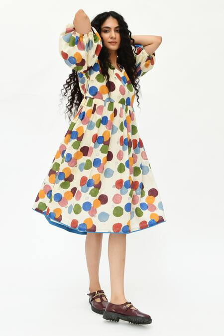 Buy_Rias Jaipur_Off White Cotton V-neck Polka Dot Organic Dress _Online_at_Aza_Fashions