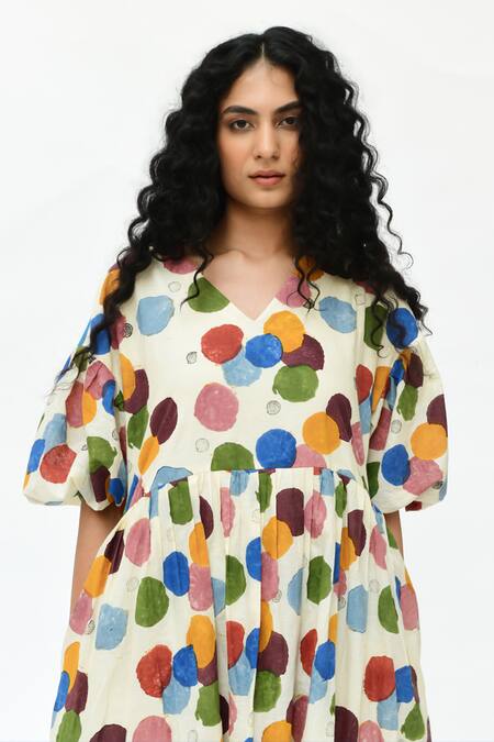 Shop_Rias Jaipur_Off White Cotton V-neck Polka Dot Organic Dress _Online_at_Aza_Fashions