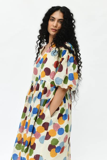 Rias Jaipur_Off White Cotton V-neck Polka Dot Organic Dress _at_Aza_Fashions