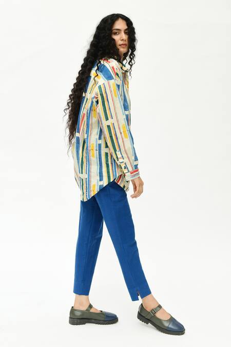 Rias Jaipur_Multi Color Cotton Collared Stripe Print Shirt_Online_at_Aza_Fashions
