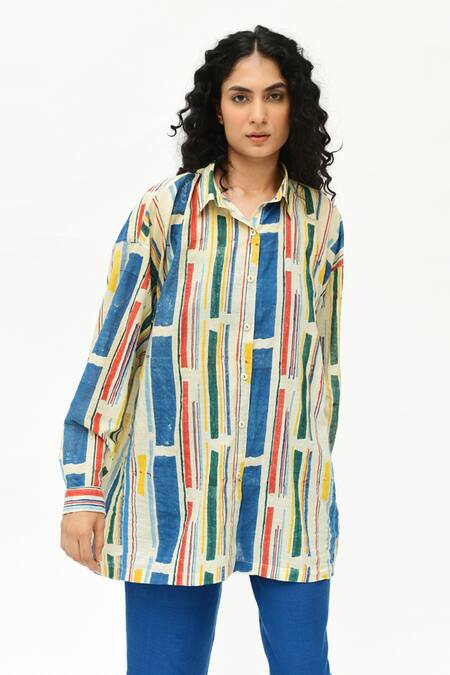 Shop_Rias Jaipur_Multi Color Cotton Collared Stripe Print Shirt_Online_at_Aza_Fashions