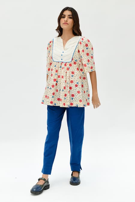 Rias Jaipur Off White Organic Cotton Printed Dot Notched Top 