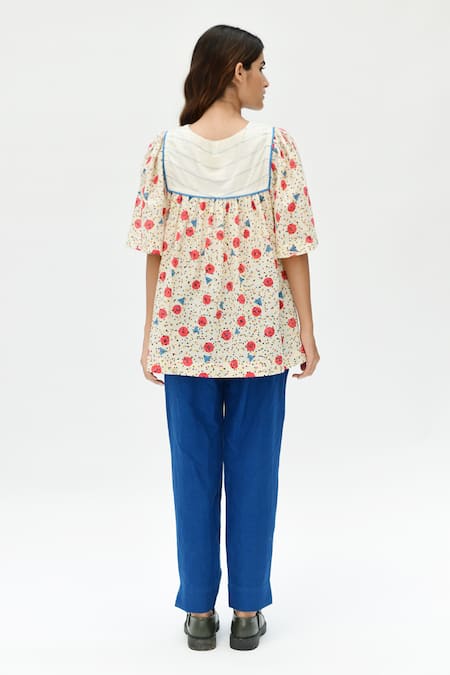 Shop_Rias Jaipur_Off White Cotton Embroidery Split V-neck Printed Dot Work Top _at_Aza_Fashions