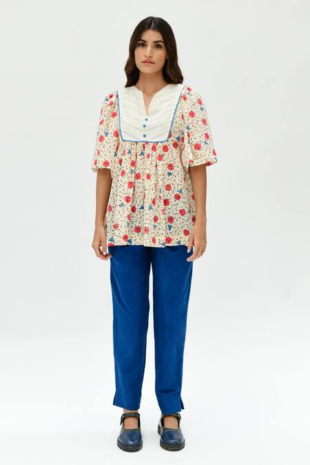 Rias Jaipur_Off White Cotton Embroidery Split V-neck Printed Dot Work Top _Online_at_Aza_Fashions