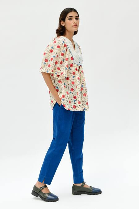 Shop_Rias Jaipur_Off White Cotton Embroidery Split V-neck Printed Dot Work Top _Online_at_Aza_Fashions