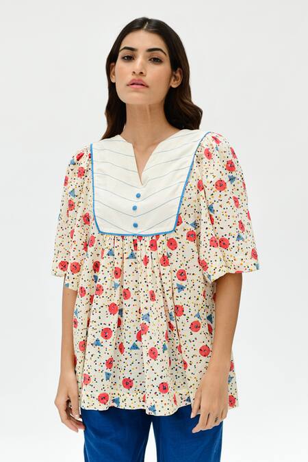 Rias Jaipur_Off White Cotton Embroidery Split V-neck Printed Dot Work Top _at_Aza_Fashions