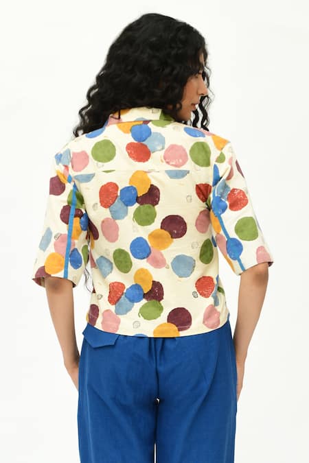 Shop_Rias Jaipur_Off White Cotton Collared Polka Dot Print Shirt _at_Aza_Fashions