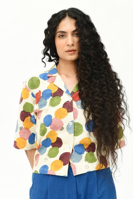 Buy_Rias Jaipur_Off White Cotton Collared Polka Dot Print Shirt _Online_at_Aza_Fashions