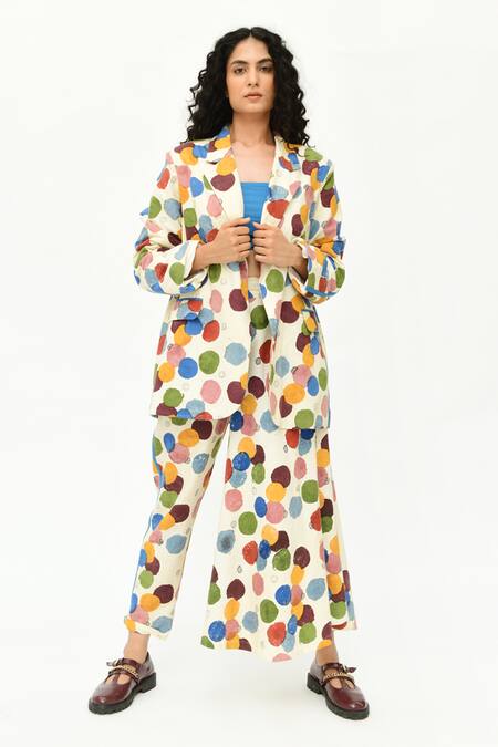 Shop_Rias Jaipur_Off White Cotton Polka Dot Print Jacket With Pant _Online_at_Aza_Fashions