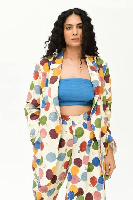 Rias Jaipur_Off White Cotton Polka Dot Print Jacket With Pant _at_Aza_Fashions