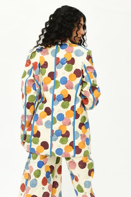 Shop_Rias Jaipur_Off White Cotton Collared Polka Dot Print Jacket _at_Aza_Fashions