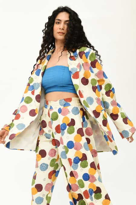Rias Jaipur_Off White Cotton Collared Polka Dot Print Jacket _Online_at_Aza_Fashions