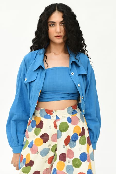 Rias Jaipur Blue Organic Cotton Solid Lapel Collar Cropped Jacket 