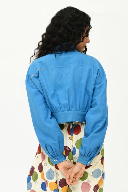 Shop_Rias Jaipur_Blue Organic Cotton Solid Lapel Collar Cropped Jacket_at_Aza_Fashions