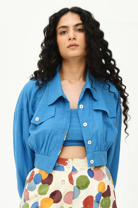Rias Jaipur_Blue Organic Cotton Solid Lapel Collar Cropped Jacket_Online_at_Aza_Fashions