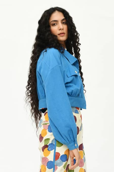 Buy_Rias Jaipur_Blue Organic Cotton Solid Lapel Collar Cropped Jacket_Online_at_Aza_Fashions
