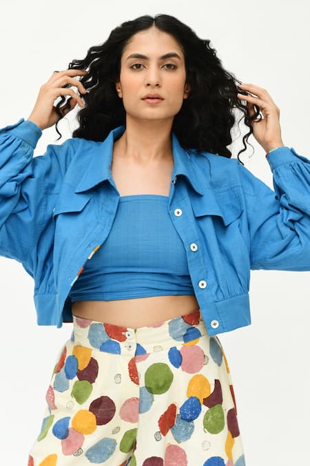 Shop_Rias Jaipur_Blue Organic Cotton Solid Lapel Collar Cropped Jacket_Online_at_Aza_Fashions