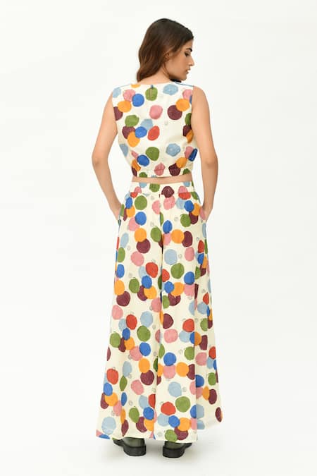 Shop_Rias Jaipur_Off White Cotton Round Neck Polka Dot Print Crop Top With Pant _at_Aza_Fashions