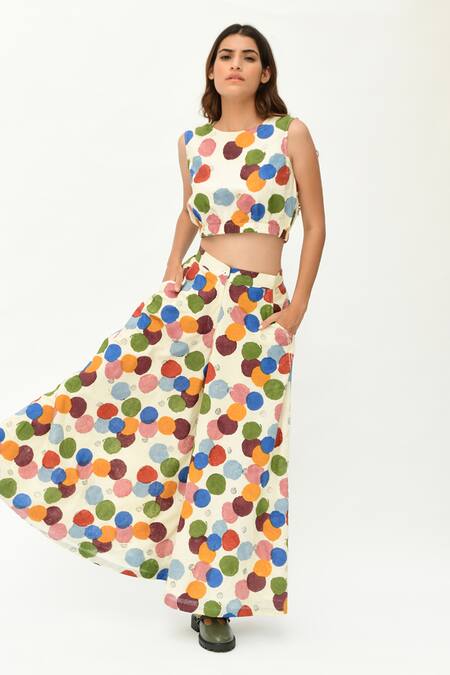 Rias Jaipur_Off White Cotton Round Neck Polka Dot Print Crop Top With Pant _Online_at_Aza_Fashions
