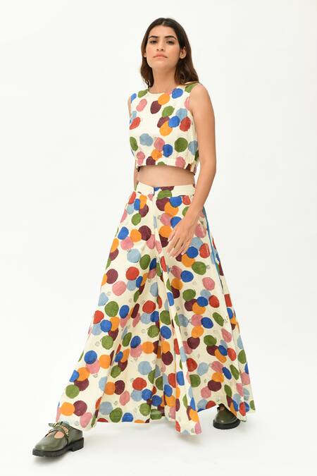 Buy_Rias Jaipur_Off White Cotton Round Neck Polka Dot Print Crop Top With Pant _Online_at_Aza_Fashions