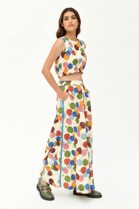 Rias Jaipur_Off White Cotton Round Neck Polka Dot Print Crop Top With Pant _at_Aza_Fashions