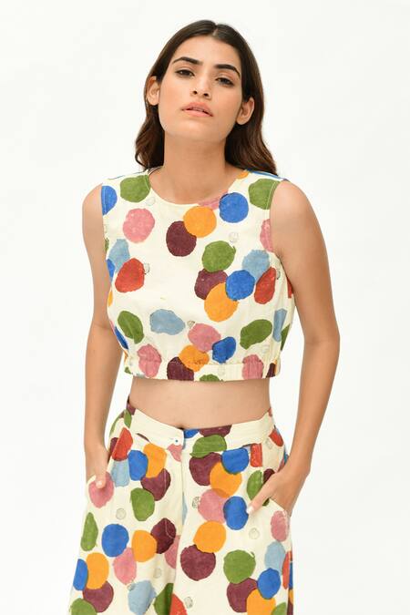Buy_Rias Jaipur_Off White Cotton Round Neck Polka Dot Print Crop Top With Pant 