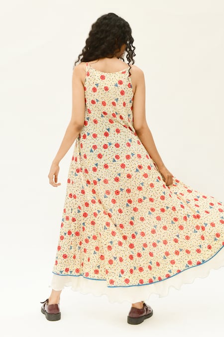 Shop_Rias Jaipur_Off White Cotton Beads Round Neck Printed Strappy Dress _at_Aza_Fashions