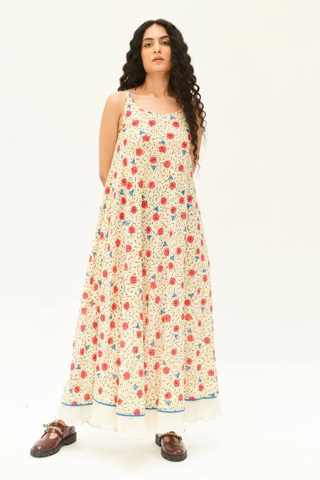 Rias Jaipur_Off White Cotton Beads Round Neck Printed Strappy Dress _Online_at_Aza_Fashions