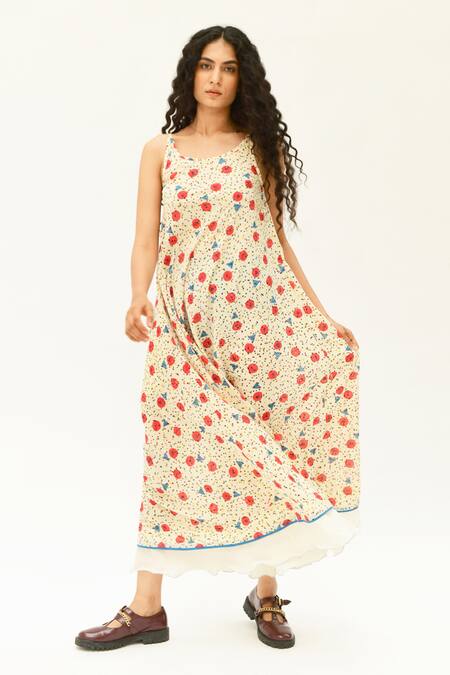 Buy_Rias Jaipur_Off White Cotton Beads Round Neck Printed Strappy Dress _Online_at_Aza_Fashions