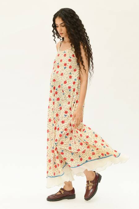 Shop_Rias Jaipur_Off White Cotton Beads Round Neck Printed Strappy Dress _Online_at_Aza_Fashions